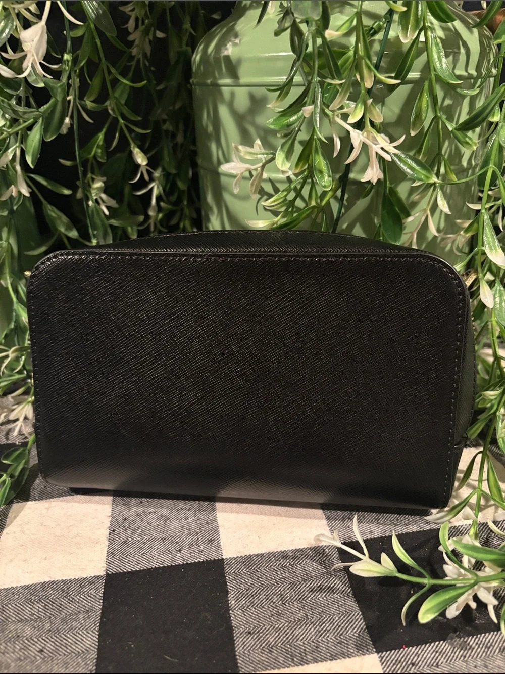 kate spade black saffiano leather zip-around wallet with gold logo